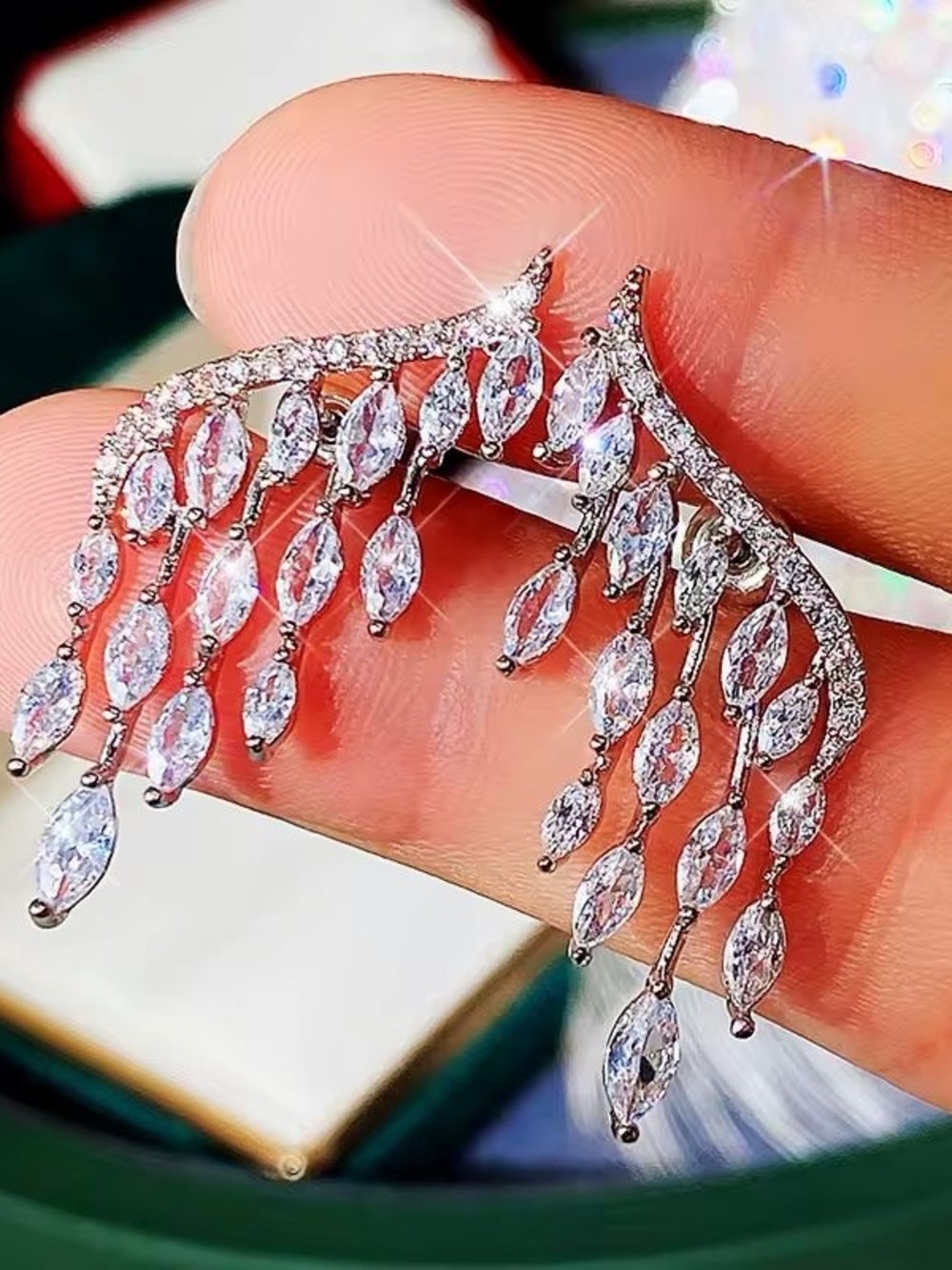 Silver Marquise Cascade Fringe Earrings - Clear - Picture 4 of 6